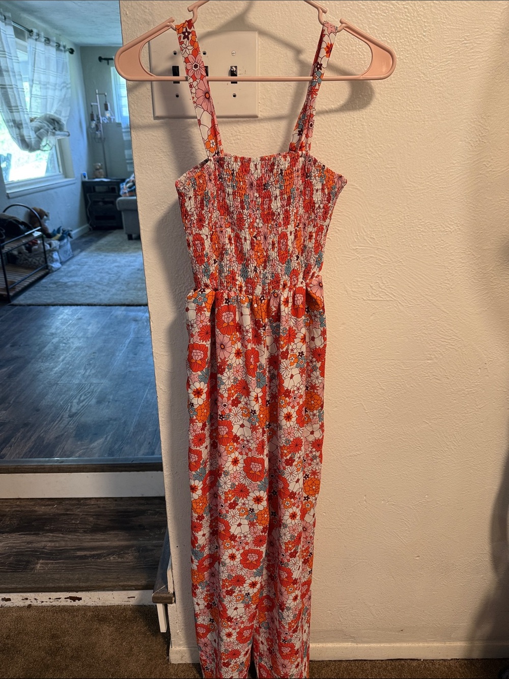 Asvivid Floral Smocked Jumpsuit in Orange, White & Blue